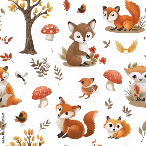 Cute woodland animals and nature elements seamless pattern including foxes, birds, mushrooms, and trees.