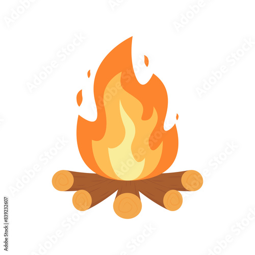 Campfire or fireplace burning woodpile isolated on white background. Bonfire vector.