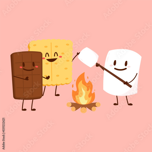 Sweet sandwiches from chocolate and marshmallow. Scheme of smore sweet children dessert preparing, cartoon vector illustration isolated on white background.