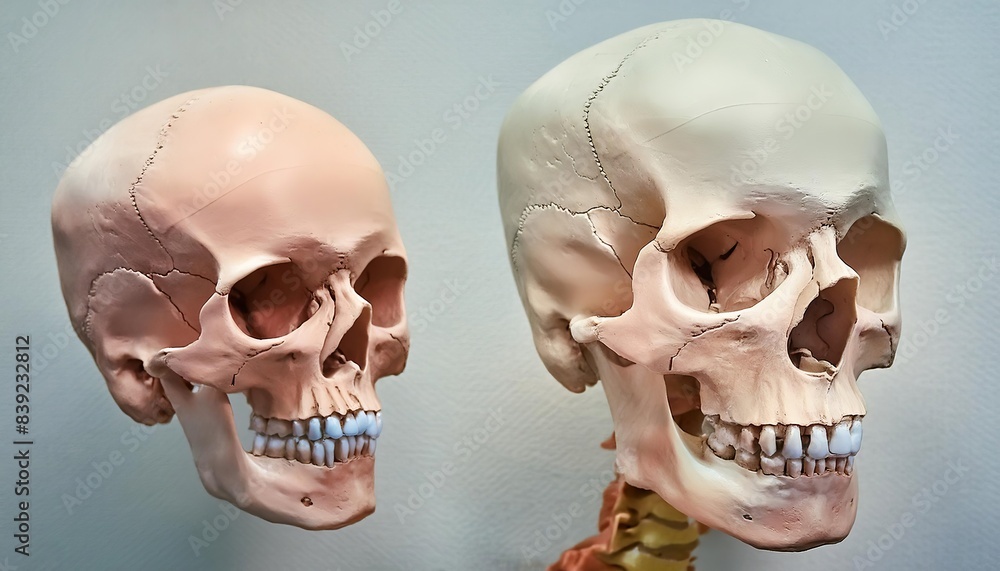Naklejka premium Two detailed anatomical skull models showcasing the human skull structure from different angles. The models highlight the bones, sutures, and features in a realistic and educational manner.
