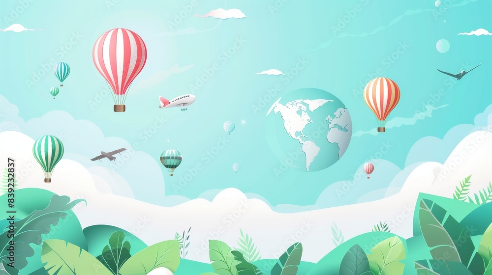 Obraz premium background for a main slide in a presentation, clean and minimal, around the world in an air baloon themed, kids friendly, vector art 