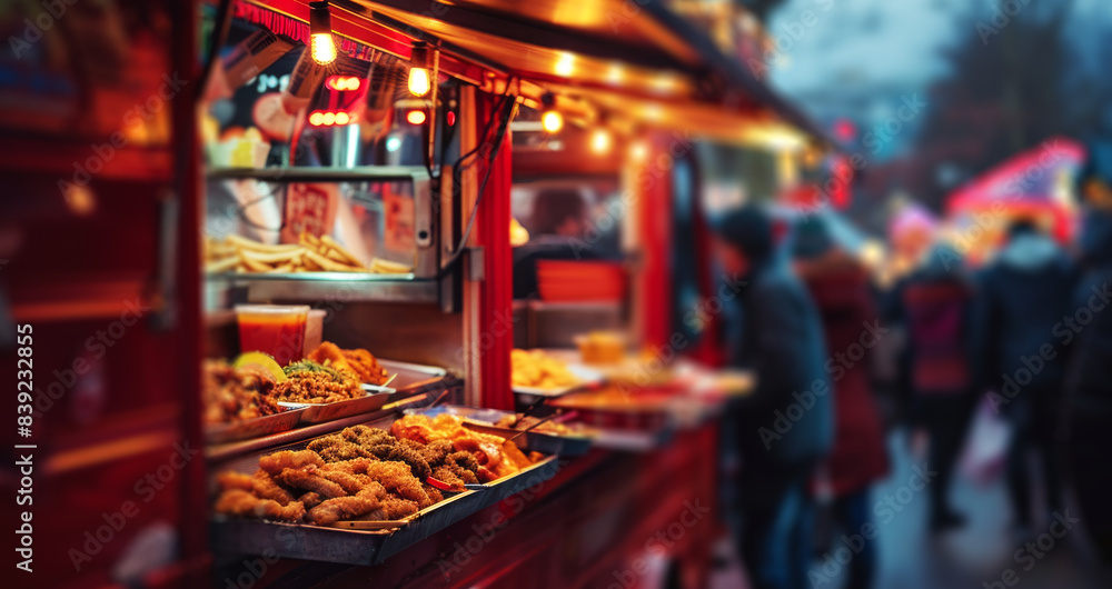 Food truck festival with people and colorful food stands, blurred background, bokeh effect, Food truck festival with people and colorful food stands, blurred background, bokeh effect,