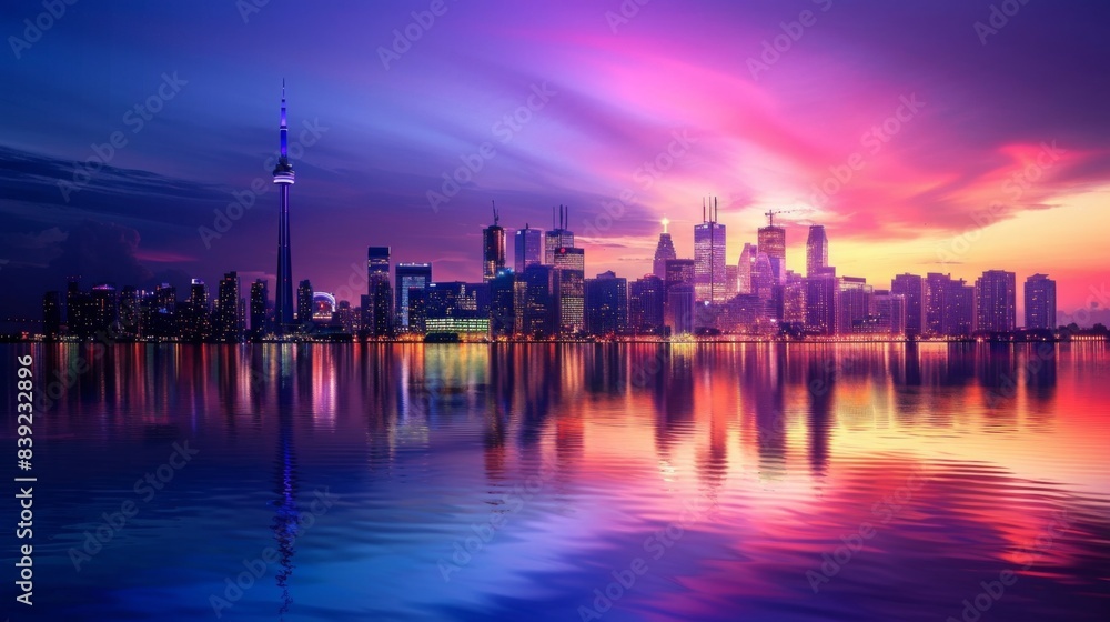A city skyline with skyscrapers reflecting the colors of a vibrant sunset, creating a picturesque urban panorama A city skyline with skyscrapers reflecting the colors of a vibrant sunset, creating a picturesque urban panorama