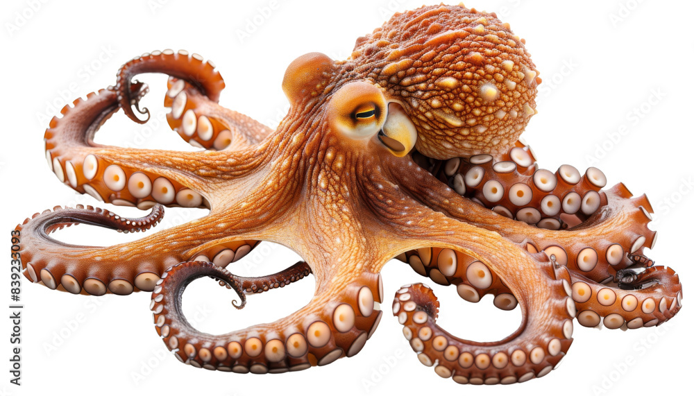 Fototapeta premium Detailed vibrant orange octopus with expressive eyes and intricate tentacles, highlighting its unique form and texture, isolated on transparent background