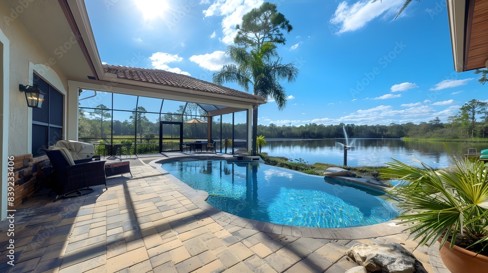 The backyard with a pool and lake view in Florida. The photo was taken from across the patio, showing a bright blue sky. The backyard with a pool and lake view in Florida. The photo was taken from across the patio, showing a bright blue sky.