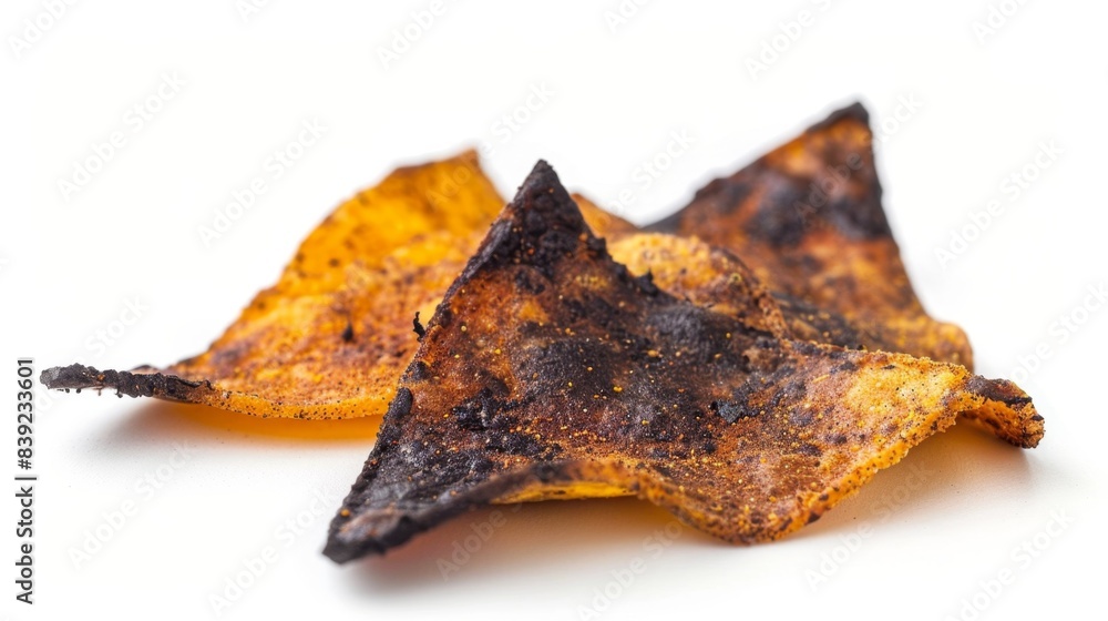 Fototapeta premium burnt tortilla chip isolated on white background, food waste concept for designer