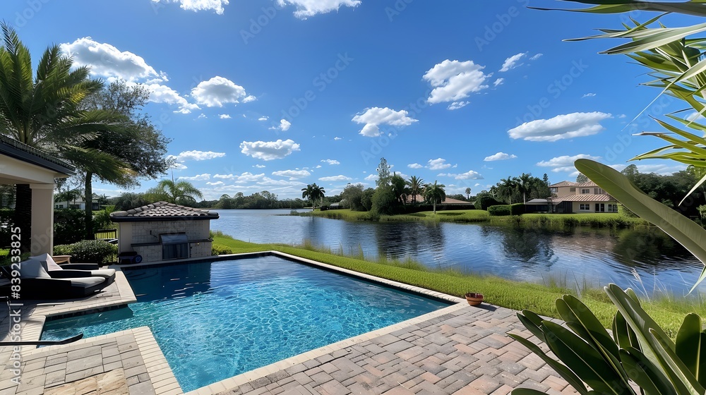 Obraz premium The backyard with a pool and lake view in Florida. The photo was taken from across the patio, showing a bright blue sky.