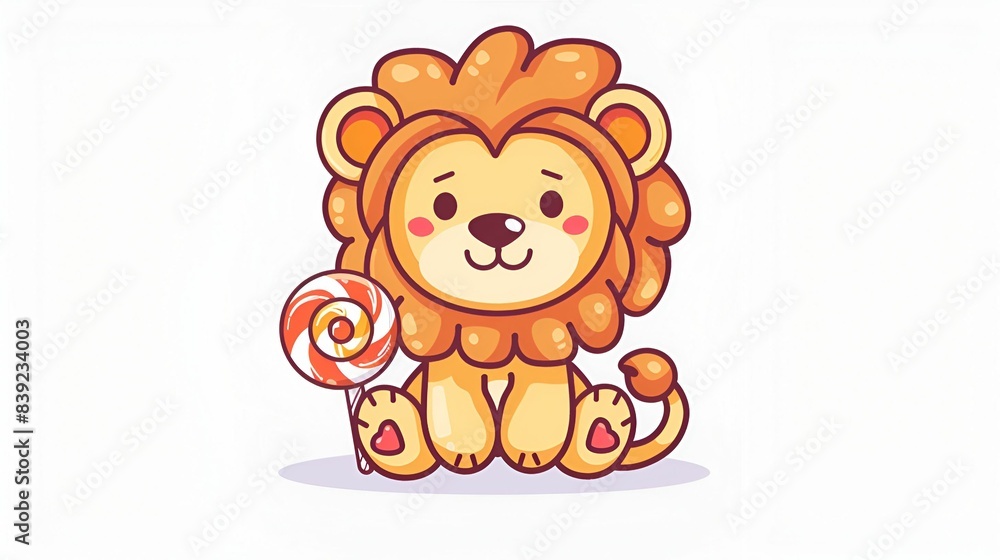 A cute cartoon lion is sitting happily, holding a large lollipop. The illustration is cheerful and whimsical, using bright and pastel colors to create a delightful and charming scene. A cute cartoon lion is sitting happily, holding a large lollipop. The illustration is cheerful and whimsical, using bright and pastel colors to create a delightful and charming scene.