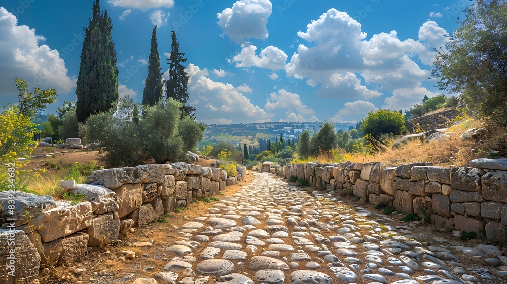 Fototapeta premium An ancient Roman road made of large cobblestones and lined with stone walls on both sides, winding through the hillsides of Jerusalem in full view.