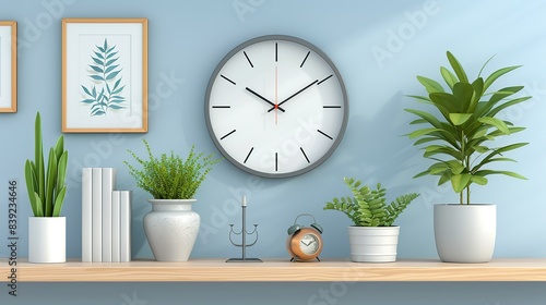 A decorative wall clock with a minimalist design, featuring a sleek metal frame and simple hands, adding a functional yet stylish element to the living room. Flat color illustration, shiny, Minimal