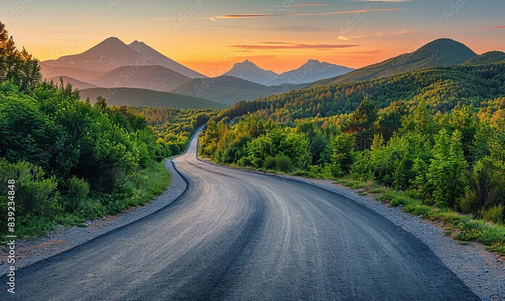 Fototapeta premium An empty asphalt road meandering through a verdant forest, with the peaks of distant mountains visible on the horizon
