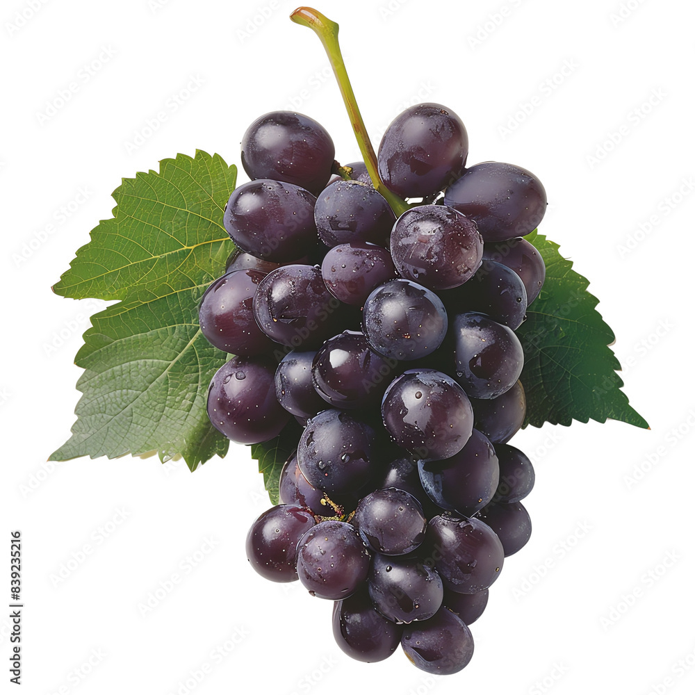 Fototapeta premium A close-up image of a fresh, juicy purple grape cluster with green leaf. Perfect for fruit, agriculture, and food-related themes.