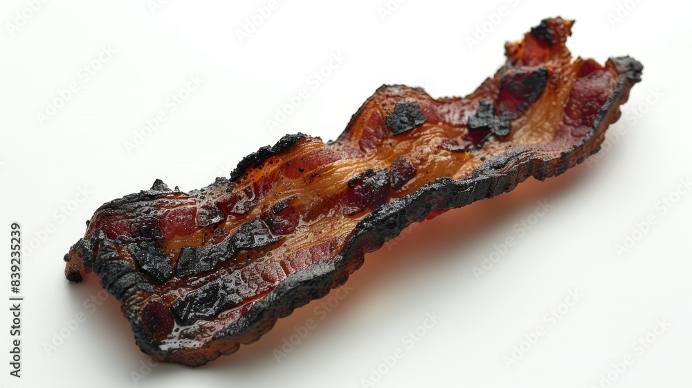 charred bacon strip Isolated on white background. concept of food waste for designer. charred bacon strip Isolated on white background. concept of food waste for designer.