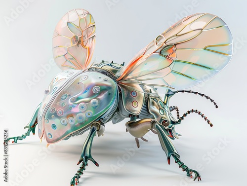 hyperrealistic photo of a procelain rhinoceros beetle with large transparent wings and pastel colored hopi art motif photo