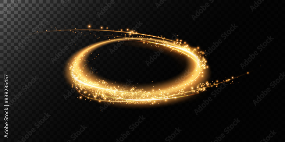 Magical fantasy portal. Round light frame, with fine dust particles, futuristic teleporter. Golden neon lights illuminate night scene with sparkles on transparent background. Lighting effect Magical fantasy portal. Round light frame, with fine dust particles, futuristic teleporter. Golden neon lights illuminate night scene with sparkles on transparent background. Lighting effect