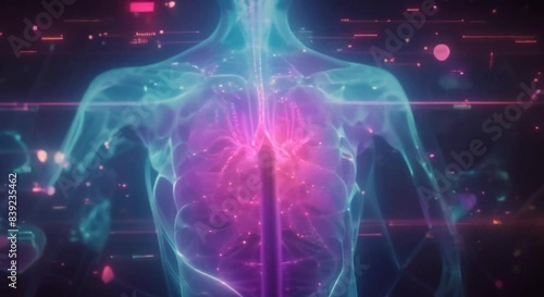 A conceptual art piece featuring a chest Xray of a healthy man, where each organ, including the diaphragm, is accentuated with neon, blending medical imaging with modern aesthetics