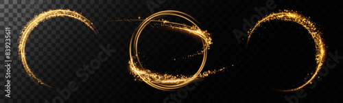 Magical fantasy portal. Round light frame, with fine dust particles, futuristic teleporter. Golden neon lights illuminate night scene with sparkles on transparent background. Lighting effect	