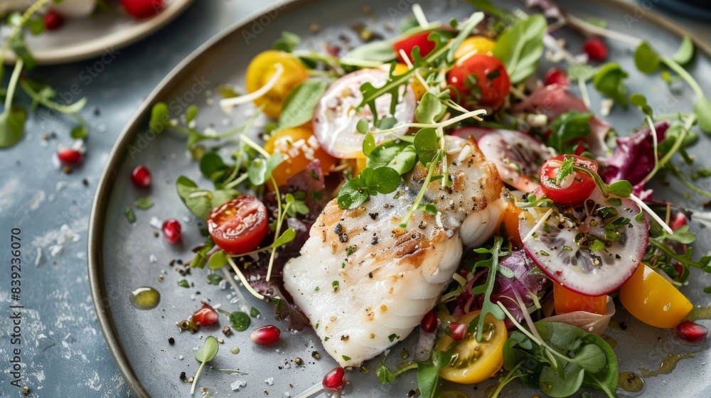 photo-realistic, food photography, Chilled Seabass Salad photo-realistic, food photography, Chilled Seabass Salad
