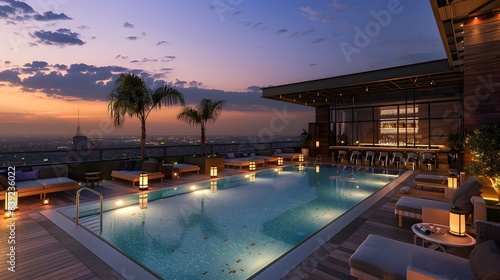 A rooftop pool with lights, loungers and party atmosphere at night. The sky above them has hues of blue to purple, creating a magical glow over everything. It's very cozy, relaxing and fun.