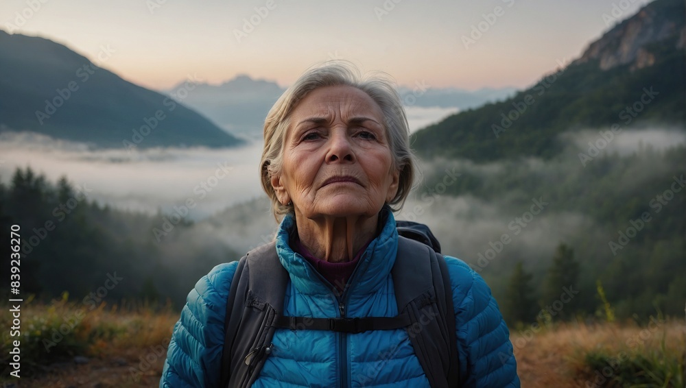 Senior woman doing breathing exercise in nature on early morning with fog and mountains in background Senior woman doing breathing exercise in nature on early morning with fog and mountains in background
