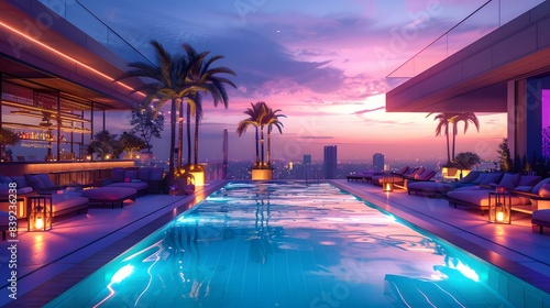 A rooftop pool with lights, loungers and party atmosphere at night. The sky above them has hues of blue to purple, creating a magical glow over everything. It's very cozy, relaxing and fun. photo
