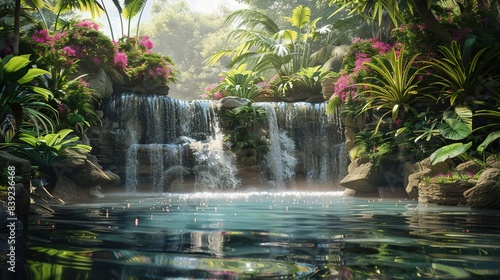 Serene tropical waterfall cascades over rocky ledge into crystal clear pond  surrounded by lush greenery