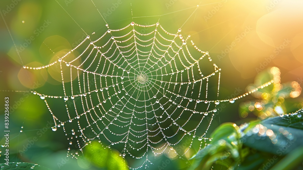 A delicate spiderweb covered in morning dew, with each droplet containing intricate patterns of electrons and protons, merging the natural world with subatomic beauty. Flat color illustration, shiny,