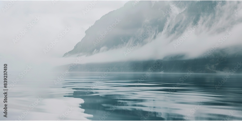 Naklejka premium Fog descending on mountain lake, close-up on water's surface, still and reflective, muted light.