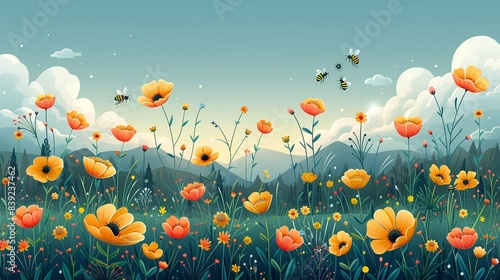 A vibrant spring meadow with blooming flowers and buzzing bees, subtly infused with patterns of electrons and protons, illustrating the deep connection between nature and atomic elements. Flat color