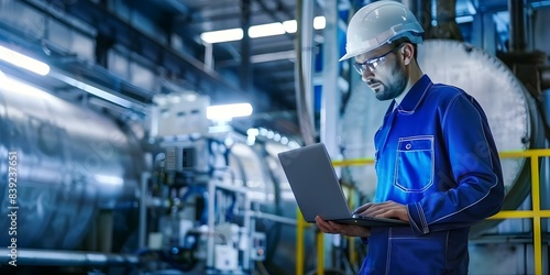 Engineers Use Laptops to Automate Large Industrial Machinery with PLCs. Concept Industrial Automation, Programmable Logic Controllers, Engineering Technology, Computer-Aided Design photo