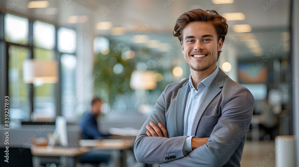 A smiling young business man standing with his arms crossed in a modern office. A smiling young business man standing with his arms crossed in a modern office.