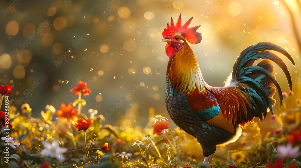 Fototapeta premium A vibrant rooster crows in the morning, standing on lush green grass with blooming flowers and trees against a backdrop of golden sunlight filtering through the leaves, nature's beauty.
