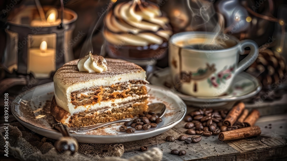 Cozy setup with tiramisu cake, coffee cup, cinnamon sticks, and coffee beans in a rustic ambiance with warm lighting. Cozy setup with tiramisu cake, coffee cup, cinnamon sticks, and coffee beans in a rustic ambiance with warm lighting.