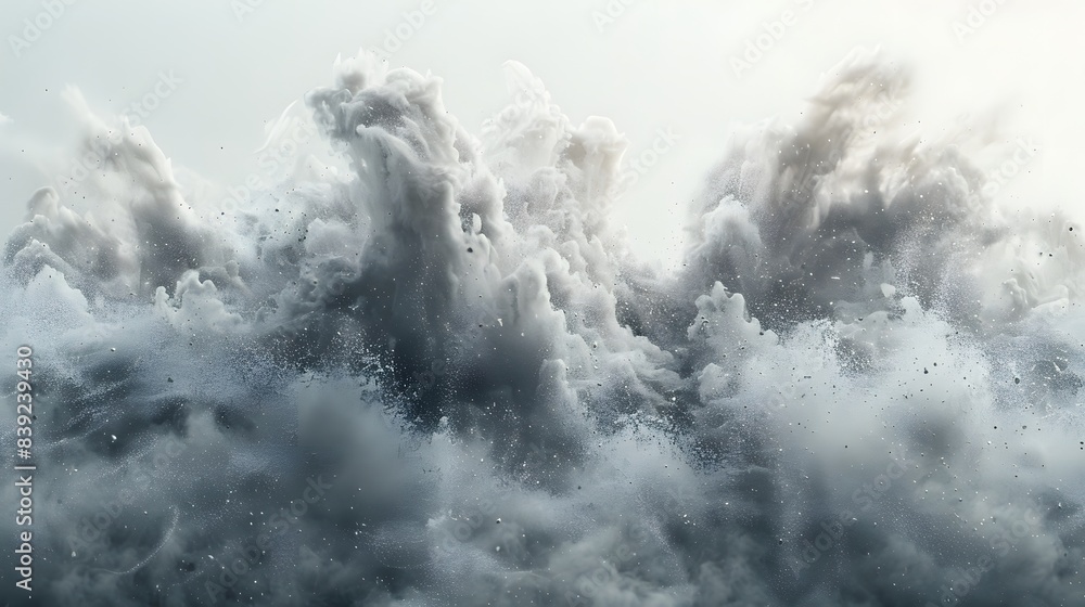 Abstract dust explosion creating a stunning display of energy and movement, captured against a neutral white background, Generative AI Abstract dust explosion creating a stunning display of energy and movement, captured against a neutral white background, Generative AI