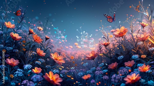 An enchanting garden scene with blooming flowers and fluttering butterflies, subtly infused with transparent atomic particles, blending the beauty of nature with the wonders of science. Flat color photo