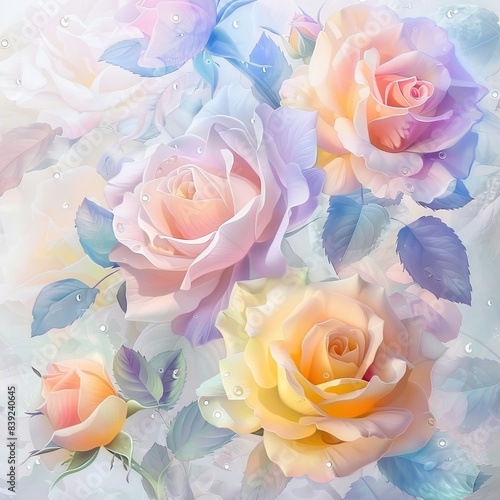 High-definition CG picture, real hand-painted impasto style, light pink and light yellow and light blue roses twining and blooming, petals and dewdrops are crystal clear, shrouded in light mist, whole
