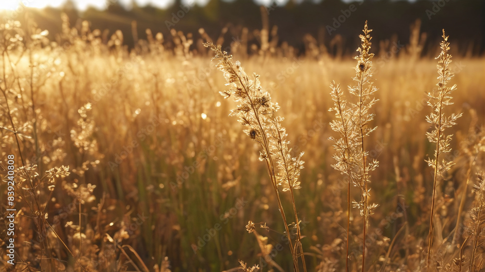 Fototapeta premium Sun-Kissed Meadow: Dry Grass Bunches on Glowing Golden Bokeh Canvas, Generative AI
