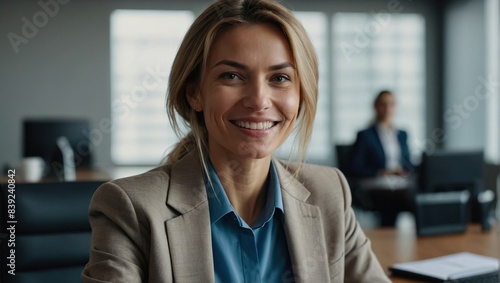 Smiling businesswoman looking at camera webcam make conference business call