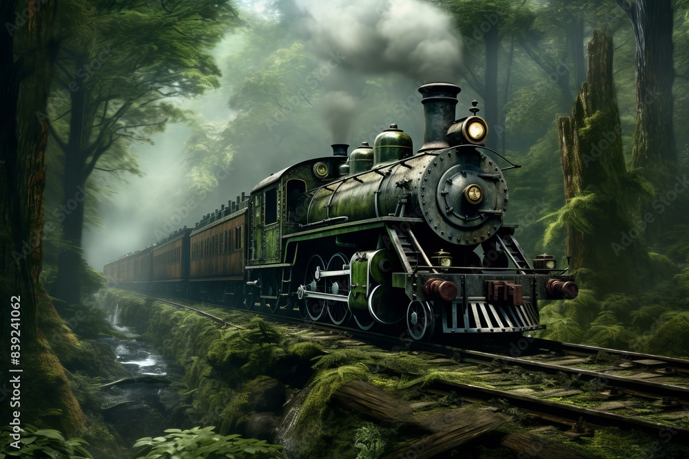 Naklejka premium Old-fashioned steam locomotive travels through a foggy, dense woodland, crossing a stream