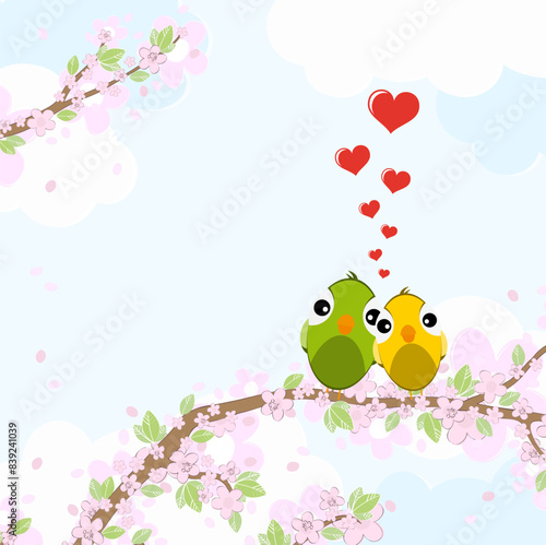 Birds in love on blossom branches