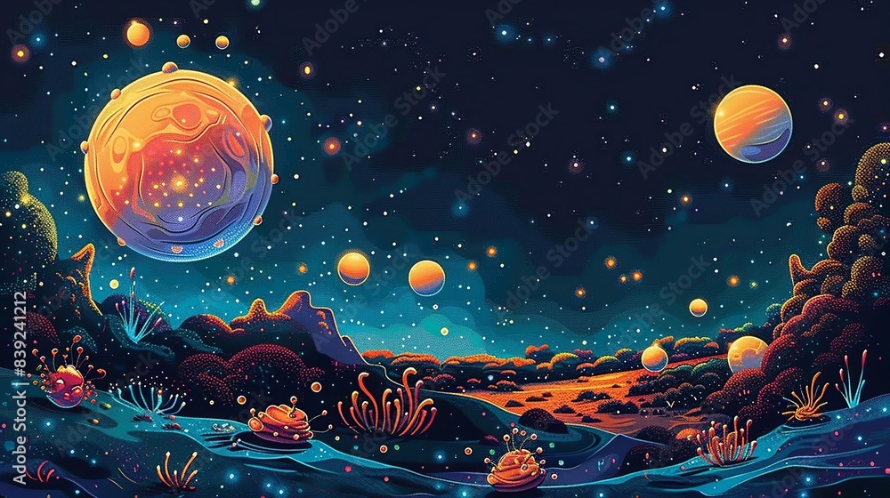 Fototapeta premium A flat design of an alien planet with multiple moons, showing tiny, colorful life forms that resemble a mix of insects and single-celled organisms. Flat color illustration, shiny, Minimal and Simple,