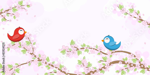 Birds in love on blossom branches