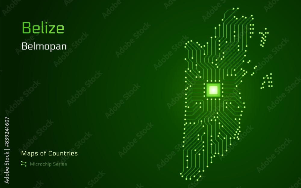 Belize Map with a capital of Belmopan Shown in a Microchip Pattern with ...