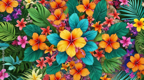 Coastal Garden Delight  A Kaleidoscope of Tropical Flowers Adorns the Summer Beach Scene  Generative AI