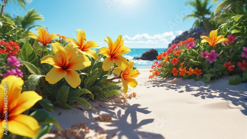 Wallpaper Mural Sunny Shoreline Blooms: Summer Beach Scene Blossoming with Breathtaking Tropical Flowers, Generative AI Torontodigital.ca