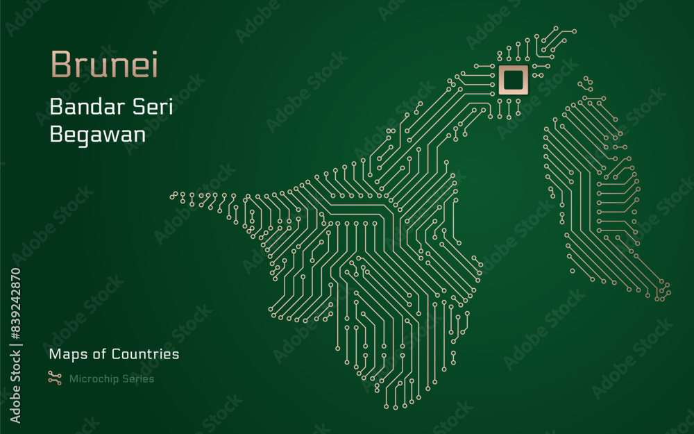 Brunei Map with a capital of Bandar Seri Begawan Shown in a Microchip Pattern with processor. E-government. World Countries vector maps. Microchip Series	
