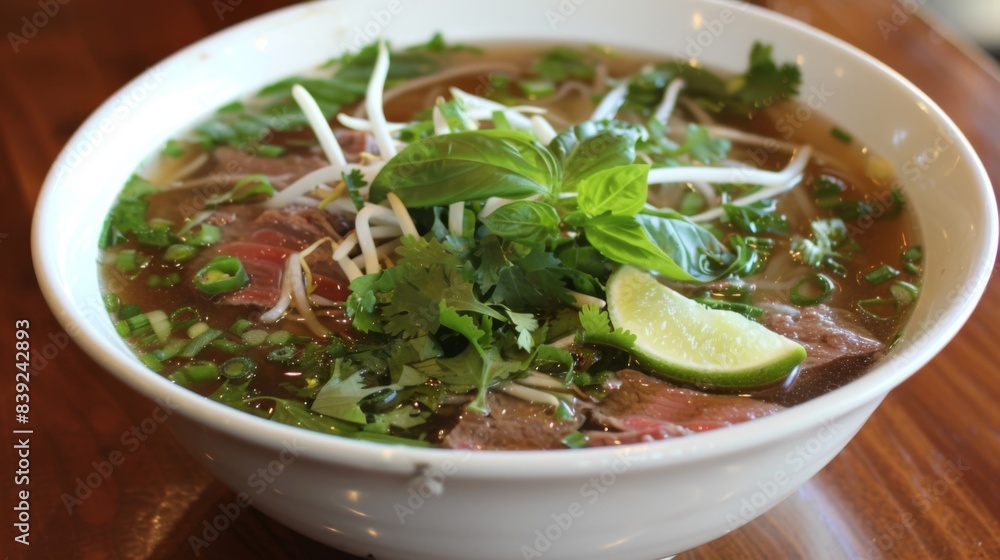 A delicious bowl of Vietnamese pho, with thinly sliced beef, fresh herbs, bean sprouts, and lime wedges, served hot and steaming A delicious bowl of Vietnamese pho, with thinly sliced beef, fresh herbs, bean sprouts, and lime wedges, served hot and steaming
