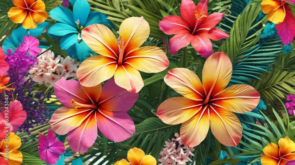 Coastal Garden Delight: A Kaleidoscope of Tropical Flowers Adorns the Summer Beach Scene, Generative AI Coastal Garden Delight: A Kaleidoscope of Tropical Flowers Adorns the Summer Beach Scene, Generative AI