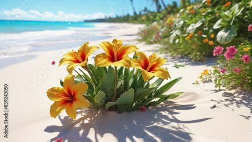Wallpaper Mural Sunny Shoreline Blooms: Summer Beach Scene Blossoming with Breathtaking Tropical Flowers, Generative AI Torontodigital.ca