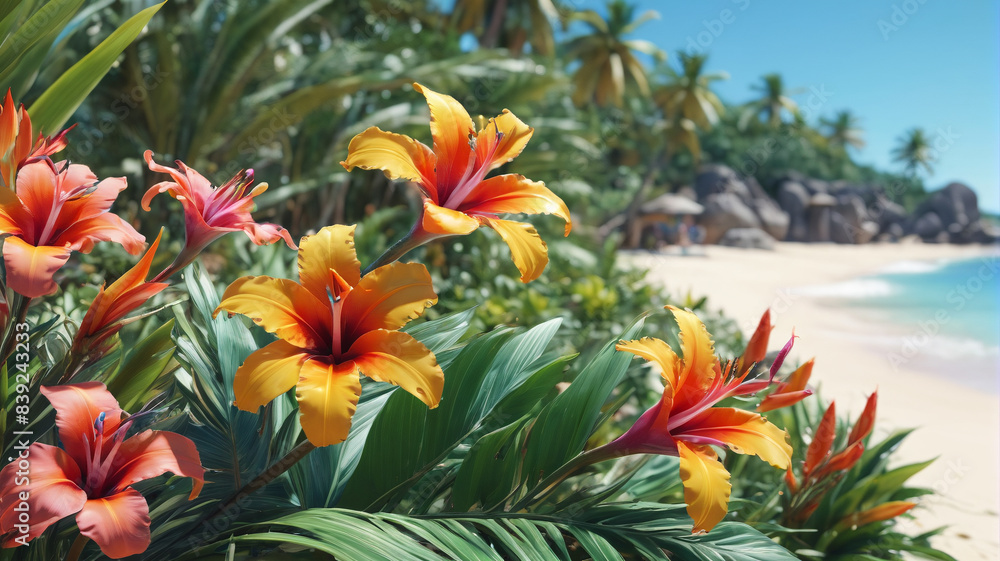 Exotic Coastal Retreat: Tropical Flowers Create a Captivating Aura in the Summer Beach Scene, Generative AI